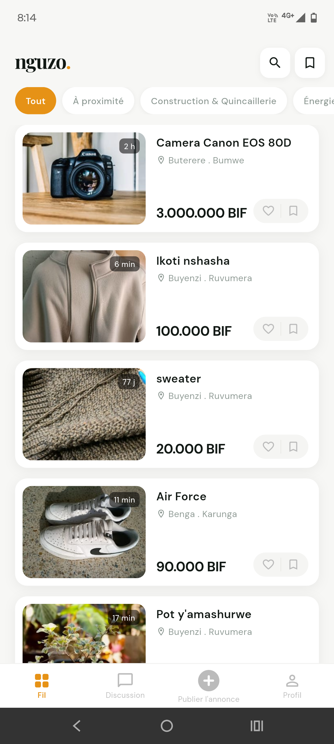 Nguzo app home feed listing nearby items in Buyenzi neighborhood