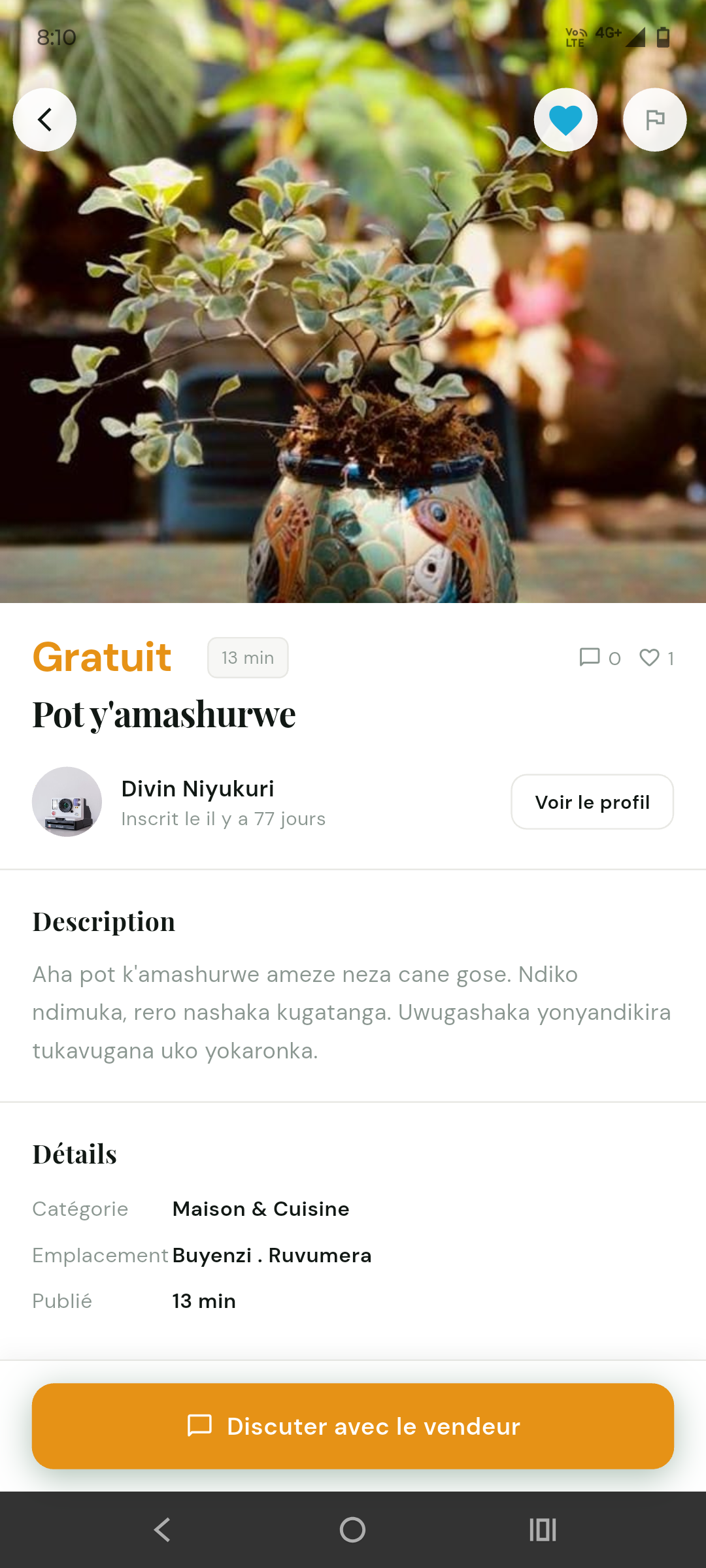 Listing detail: iron for 80,000 BIF in Buyenzi Kanzigiri, with chat button
