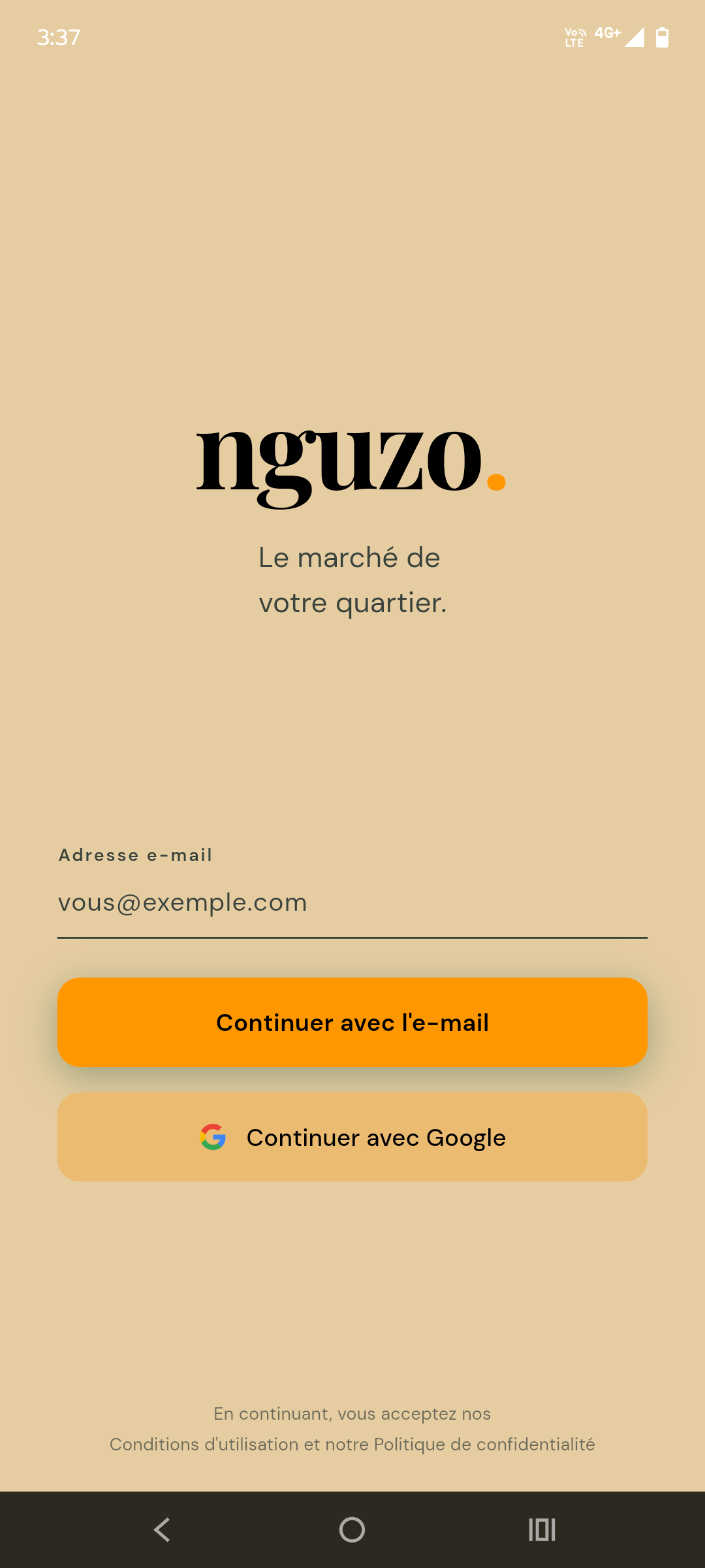 Nguzo app sign-in screen: Le marché de votre quartier