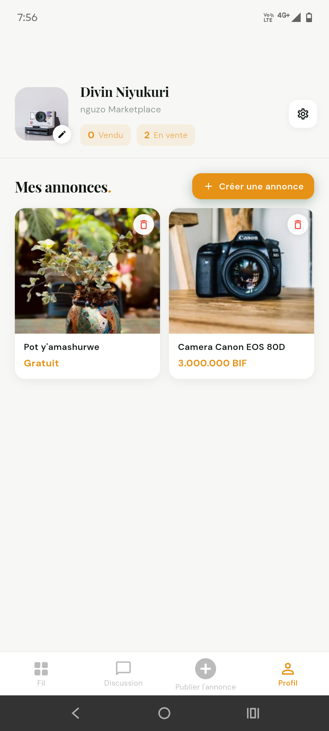 User profile showing active listings and create listing button